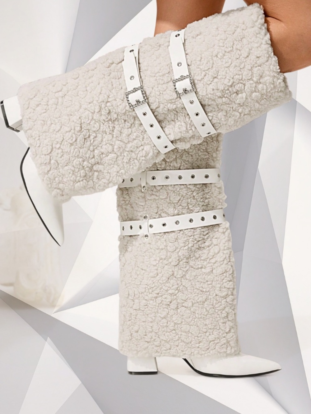 Women's Pointed Toe Buckle Design Faux Fur Tall Boots.